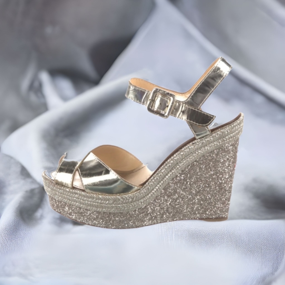 Louboutin Silver Metallic Leather Wedge Espadrilles